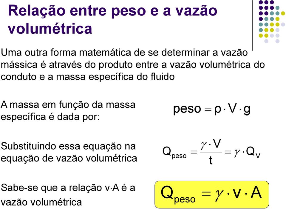 fluido A massa em função da massa específica é dada por: peso ρ V g Substituindo essa equação