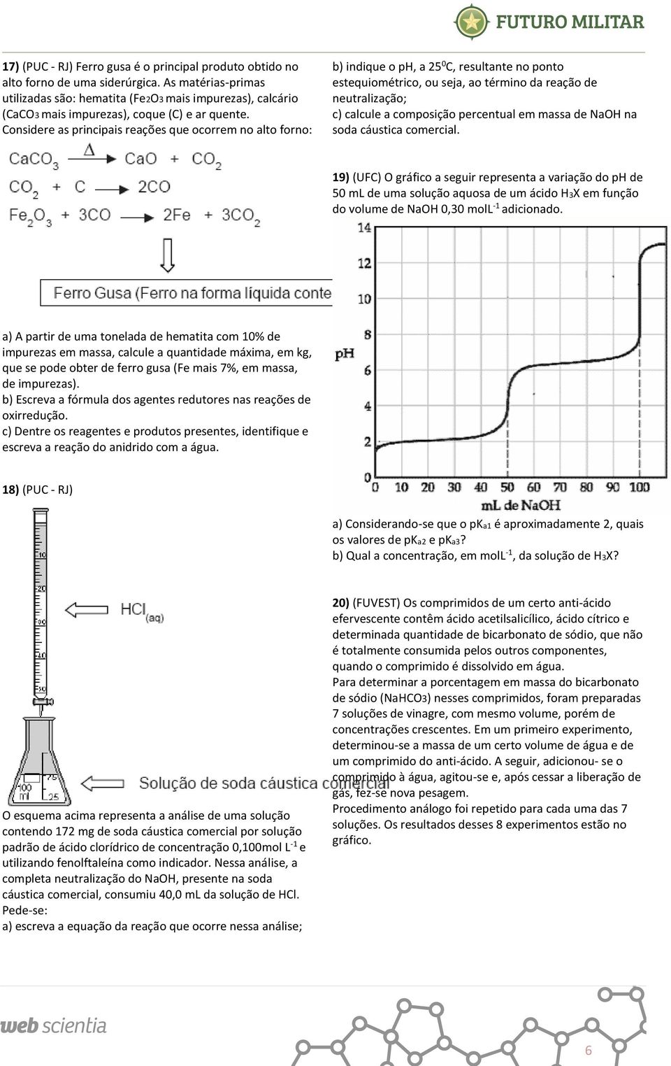 Considere as principais reações que ocorrem no alto forno: b) indique o ph, a 5 0 C, resultante no ponto estequiométrico, ou seja, ao término da reação de neutralização; c) calcule a composição