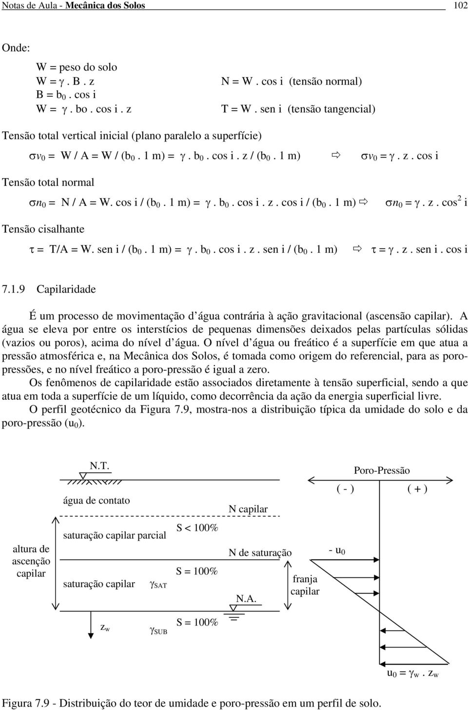 cos i / (b 0. 1 m) = γ. b 0. cos i.. cos i / (b 0. 1 m) σn 0 = γ.. cos i Tensão cisalhante τ = T/ = W. sen i / (b 0. 1 m) = γ. b 0. cos i.. sen i / (b 0. 1 m) τ = γ.. sen i. cos i 7.1.9 Capilaridade É um processo de movimentação d água contrária à ação gravitacional (ascensão capilar).