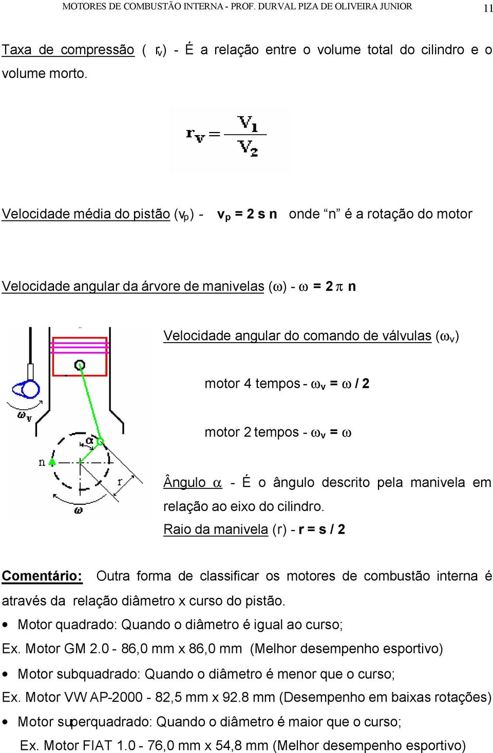 w v = w / 2 motor 2 tempos - w v = w Ângulo α - É o ângulo descrito pela manivela em relação ao eixo do cilindro.