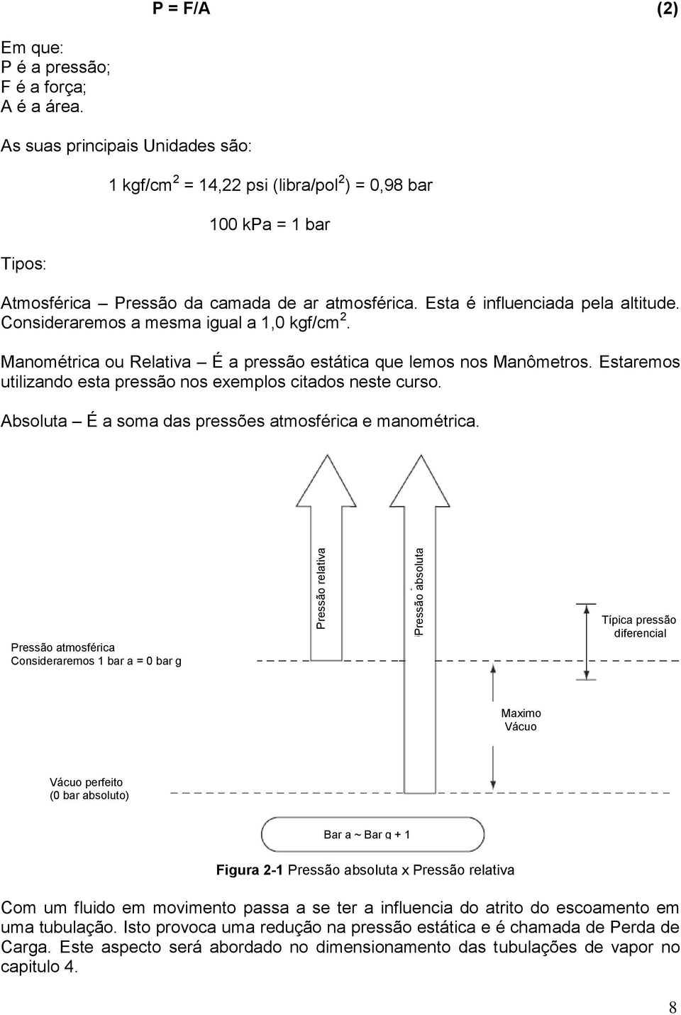 Consideraremos a mesma igual a 1,0 kgf/cm 2. Manométrica ou Relativa É a pressão estática que lemos nos Manômetros. Estaremos utilizando esta pressão nos exemplos citados neste curso.