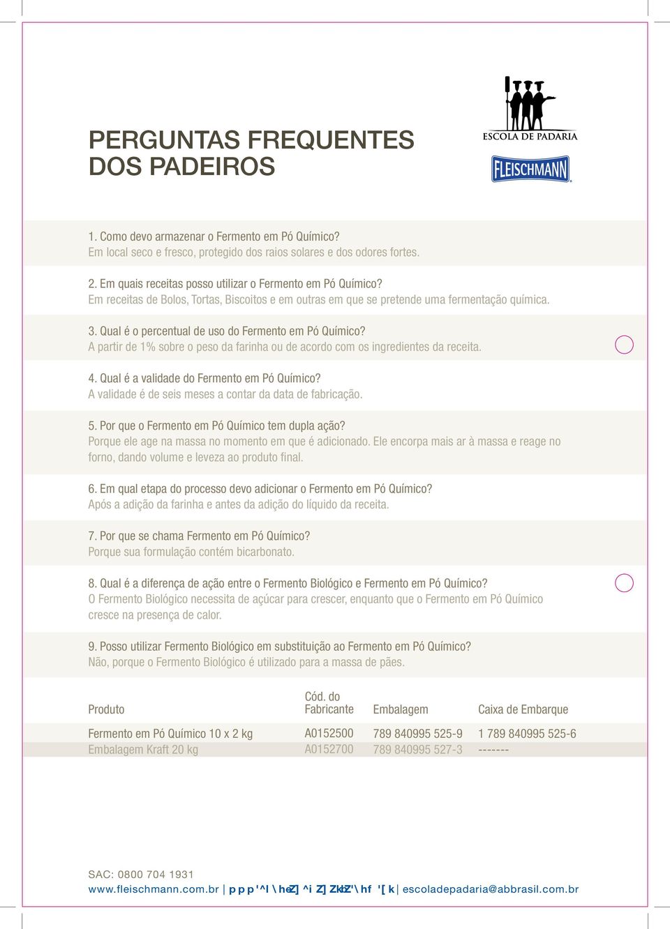 Qual é o percentual de uso do Fermento em Pó Químico? A partir de 1% sobre o peso da farinha ou de acordo com os ingredientes da receita. 4. Qual é a validade do Fermento em Pó Químico?