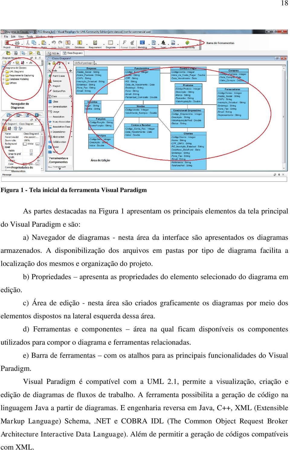 b) Propriedades apresenta as propriedades do elemento selecionado do diagrama em edição.