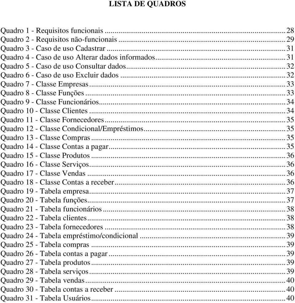 .. 34 Quadro 10 - Classe Clientes... 34 Quadro 11 - Classe Fornecedores... 35 Quadro 12 - Classe Condicional/Empréstimos... 35 Quadro 13 - Classe Compras... 35 Quadro 14 - Classe Contas a pagar.