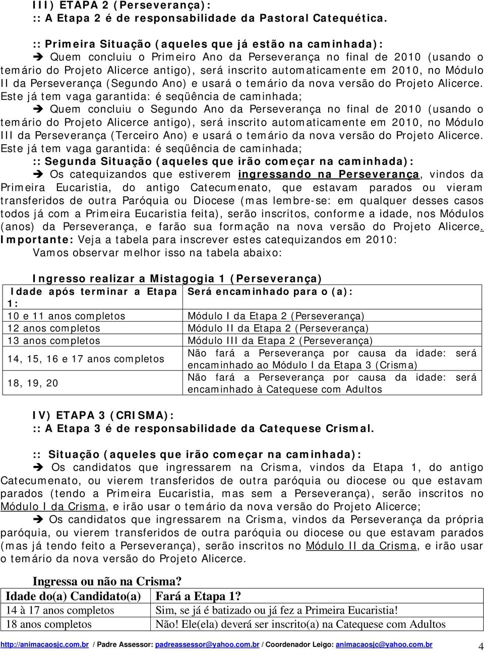 2010, no Módulo II da Perseverança (Segundo Ano) e usará o temário da nova versão do Projeto Alicerce.