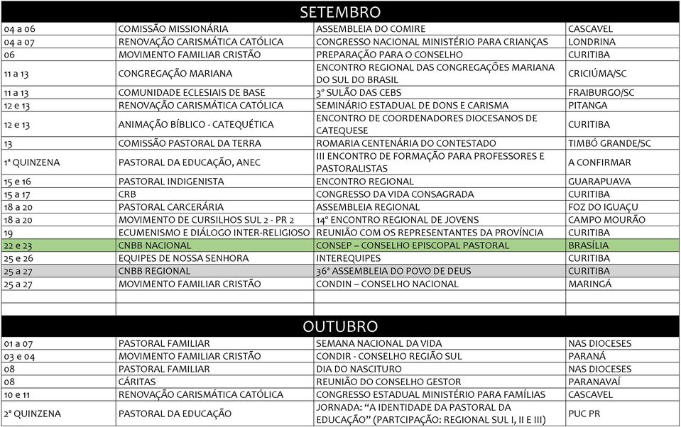 13 RENOVAÇÃO CARISMÁTICA CATÓLICA SEMINÁRIO ESTADUAL DE DONS E CARISMA PITANGA 12 e 13 ANIMAÇÃO BÍBLICO - CATEQUÉTICA ENCONTRO DE COORDENADORES DIOCESANOS DE CATEQUESE 13 COMISSÃO PASTORAL DA TERRA