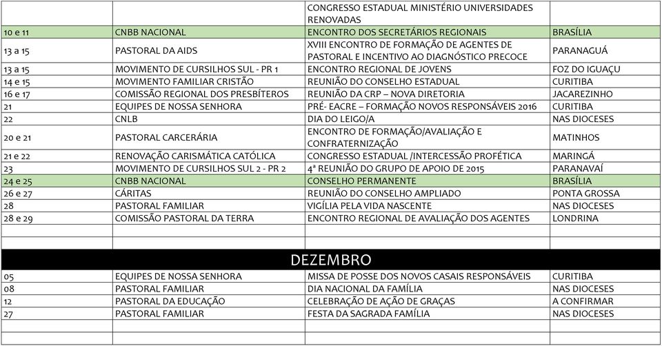 COMISSÃO REGIONAL DOS PRESBÍTEROS REUNIÃO DA CRP NOVA DIRETORIA JACAREZINHO 21 EQUIPES DE NOSSA SENHORA PRÉ- EACRE FORMAÇÃO NOVOS RESPONSÁVEIS 2016 22 CNLB DIA DO LEIGO/A NAS DIOCESES 20 e 21