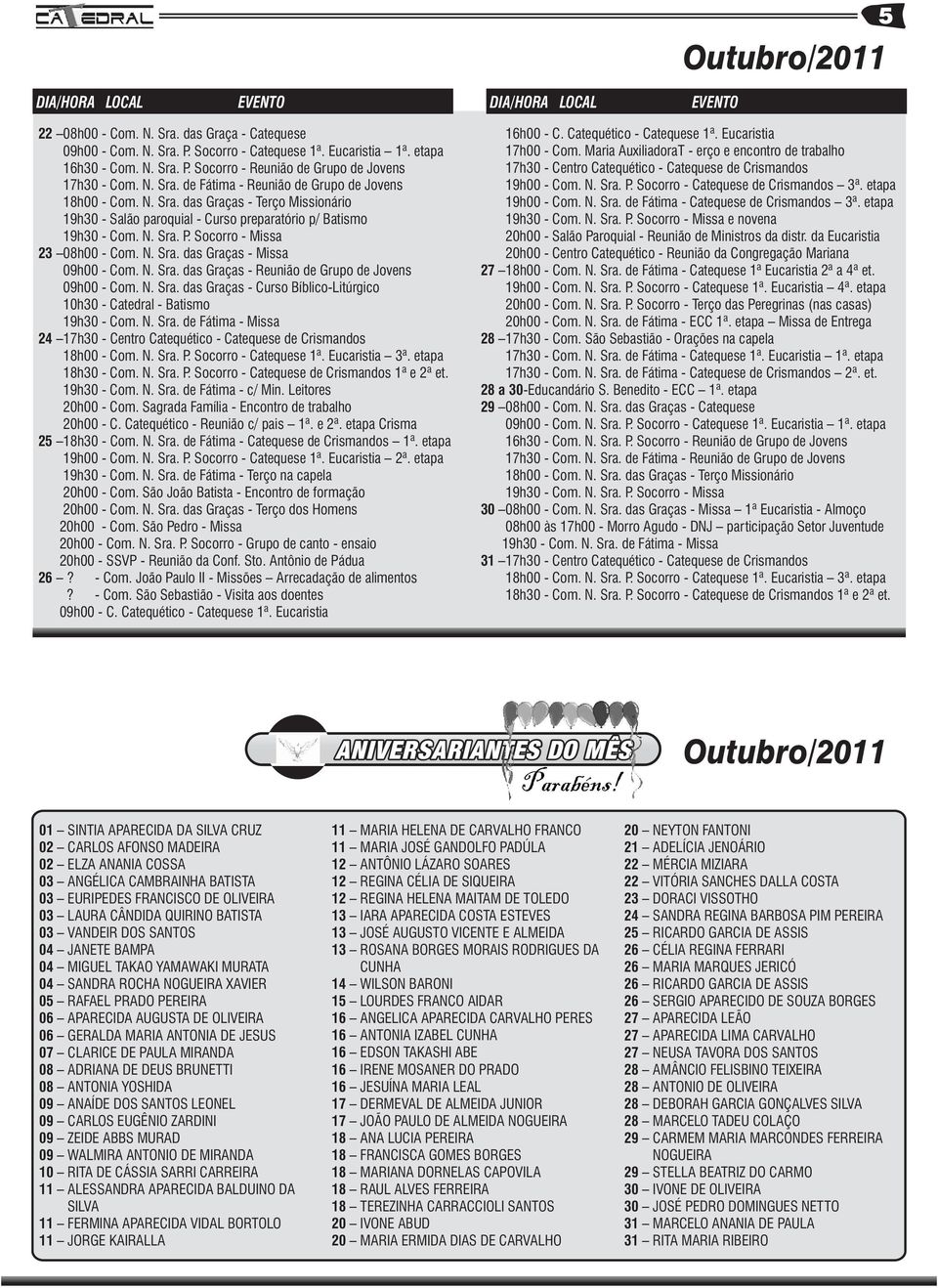 Socorro - Reunião de Grupo de Jovens 17h30 - Centro Catequético - Catequese de Crismandos 17h30 - Com. N. Sra. de Fátima - Reunião de Grupo de Jovens 19h00 - Com. N. Sra. P.