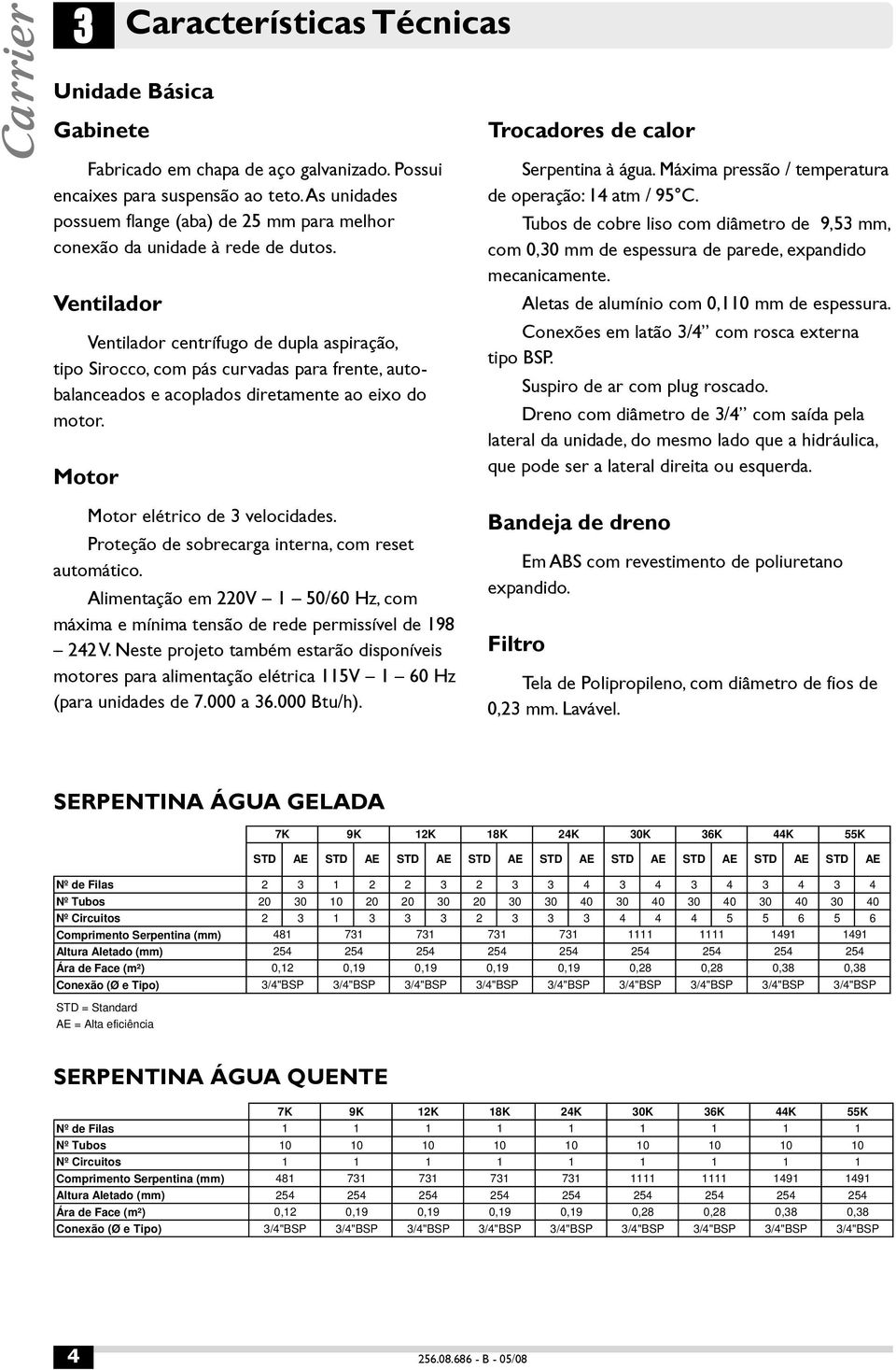 Ventilador Ventilador centrífugo de dupla aspiração, tipo Sirocco, com pás curvadas para frente, autobalanceados e acoplados diretamente ao eixo do motor. Motor Motor elétrico de 3 velocidades.