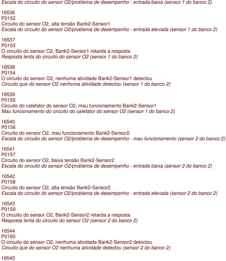 circuito do sensor O2, nenhuma atividade Bank2-Sensor1 detectou Circuito que do sensor O2 nenhuma atividade detectou (sensor 1 do banco 2) 16539 P0155 Circuito do calefator do sensor O2, mau
