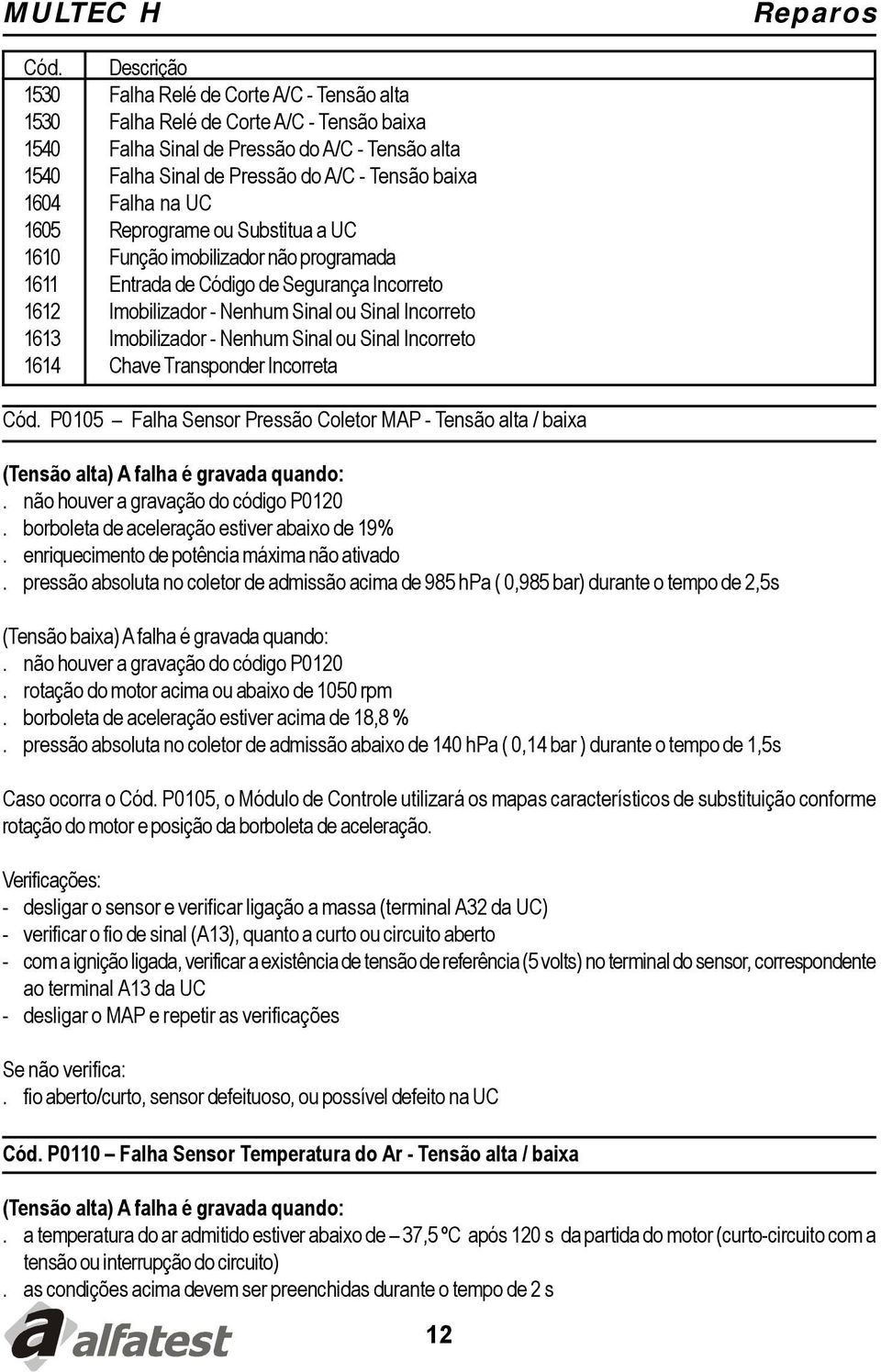 1604 Falha na UC 1605 Reprograme ou Substitua a UC 1610 Função imobilizador não programada 1611 Entrada de Código de Segurança Incorreto 1612 Imobilizador - Nenhum Sinal ou Sinal Incorreto 1613