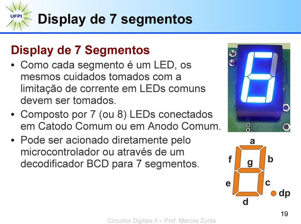 Composto por 7 (ou 8) LEs conectados em Catodo Comum ou em nodo Comum.