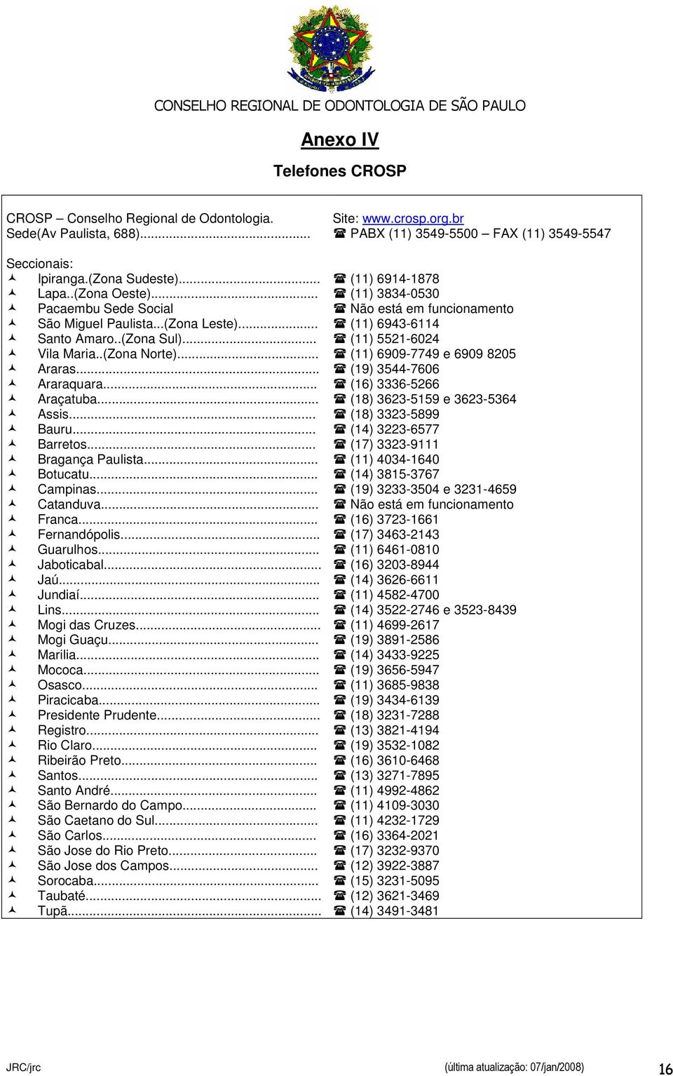 .. Franca... Fernandópolis... Guarulhos... Jaboticabal... Jaú... Jundiaí... Lins... Mogi das Cruzes... Mogi Guaçu... Marilia... Mococa... Osasco... Piracicaba... Presidente Prudente... Registro.