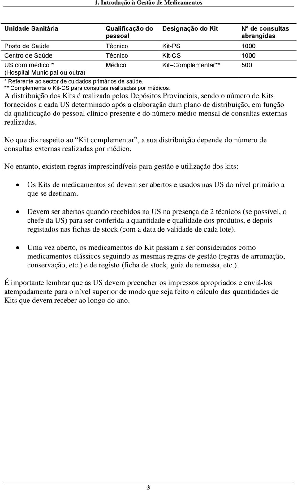 A distribuição dos Kits é realizada pelos Depósitos Provinciais, sendo o número de Kits fornecidos a cada US determinado após a elaboração dum plano de distribuição, em função da qualificação do