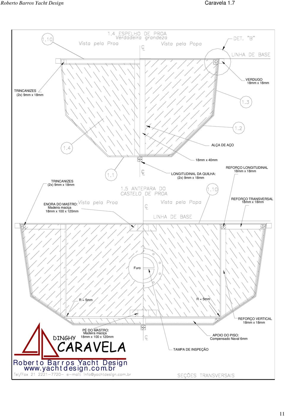 TRANSVERSAL 18mm x 18mm Furo R = 5mm R = 5mm REFORÇO VERTICAL 18mm x 18mm PÉ DO MASTRO: Madeira maciça 18mm x 100 x