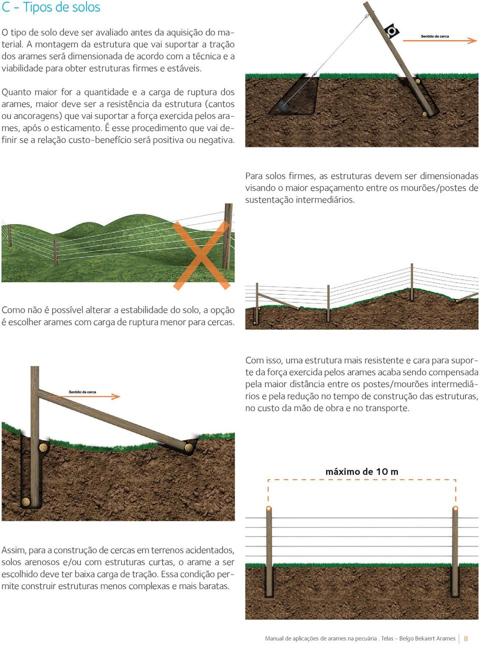 Quanto maior for a quantidade e a carga de ruptura dos arames, maior deve ser a resistência da estrutura (cantos ou ancoragens) que vai suportar a força exercida pelos arames, após o esticamento.