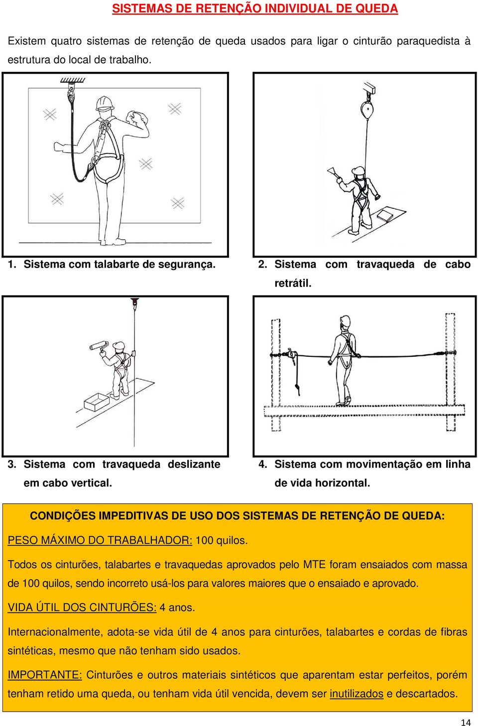 CONDIÇÕES IMPEDITIVAS DE USO DOS SISTEMAS DE RETENÇÃO DE QUEDA: PESO MÁXIMO DO TRABALHADOR: 100 quilos.
