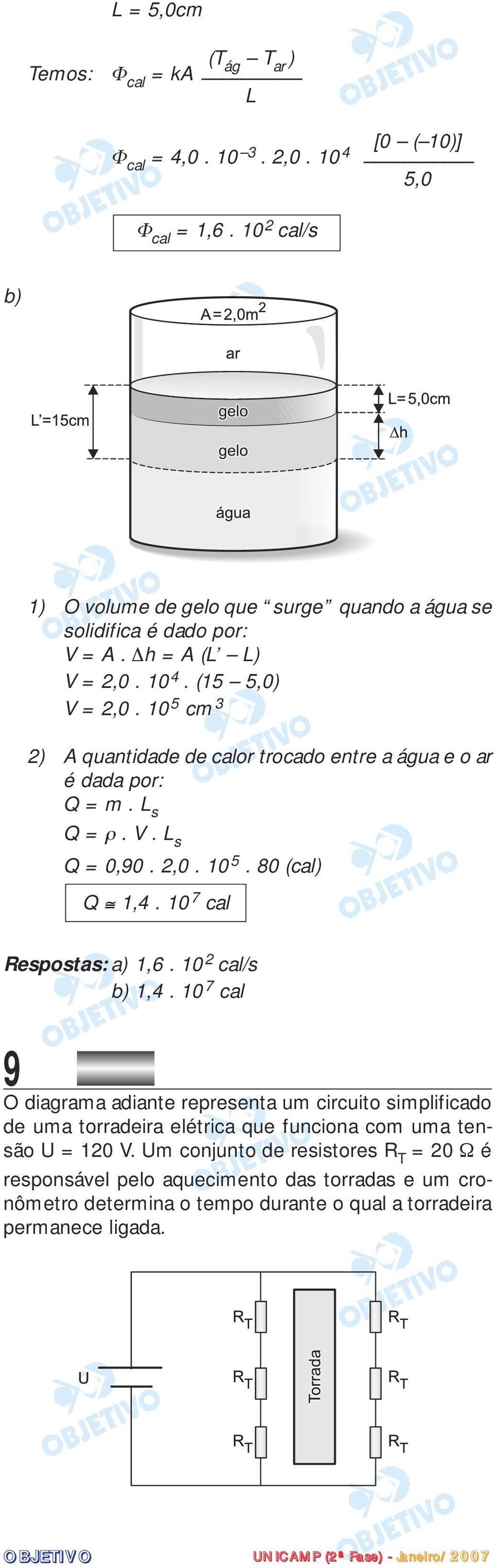 10 5 cm 3 2) A quantidade de calor trocado entre a água e o ar é dada por: Q = m. L s Q = ρ. V. L s Q = 0,90. 2,0. 10 5. 80 (cal) Q 1,4. 10 7 cal Respostas: a) 1,6.