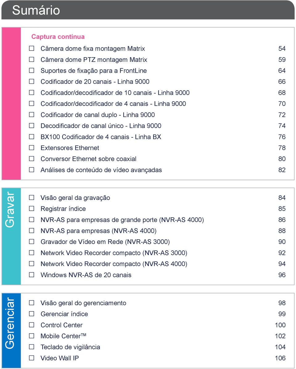 BX100 Codificador de 4 canais - Linha BX 76 Extensores Ethernet 78 Conversor Ethernet sobre coaxial 80 Análises de conteúdo de vídeo avançadas 82 Gravar Gerenciar Visão geral da gravação 84 Registrar