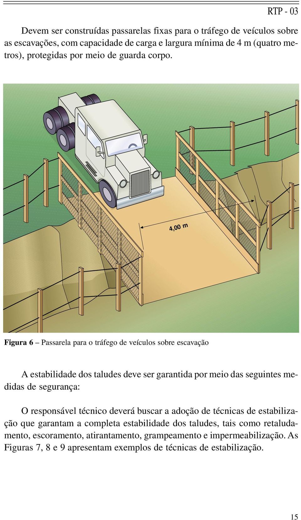 4,00 m Figura 6 Passarela para o tráfego de veículos sobre escavação A estabilidade dos taludes deve ser garantida por meio das seguintes medidas de