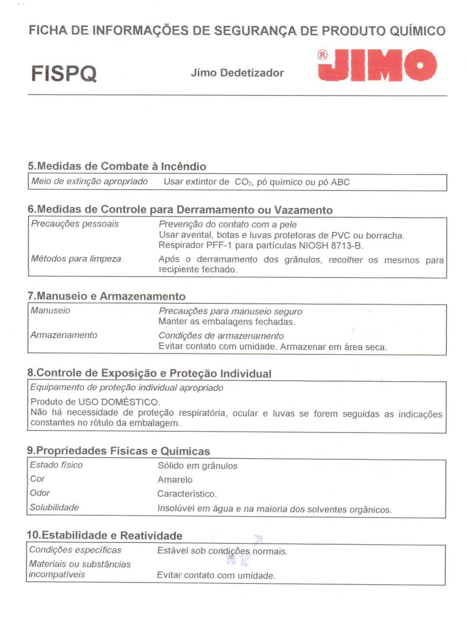 Respirador PFF-1 para partículas NIOSH 8713-8- Métodos para limpeza Após o derramamento dos grânulos recolher os mesmos para recipiente fechado. 7.