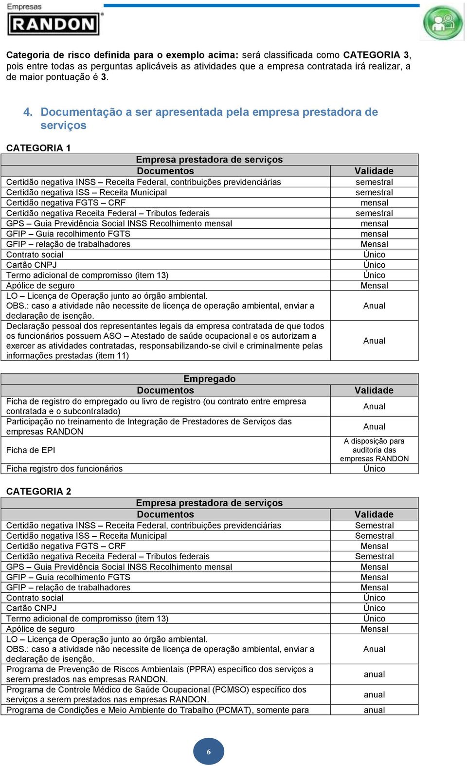 Documentação a ser apresentada pela empresa prestadora de serviços CATEGORIA 1 Empresa prestadora de serviços Documentos Certidão negativa INSS Receita Federal, contribuições previdenciárias Certidão