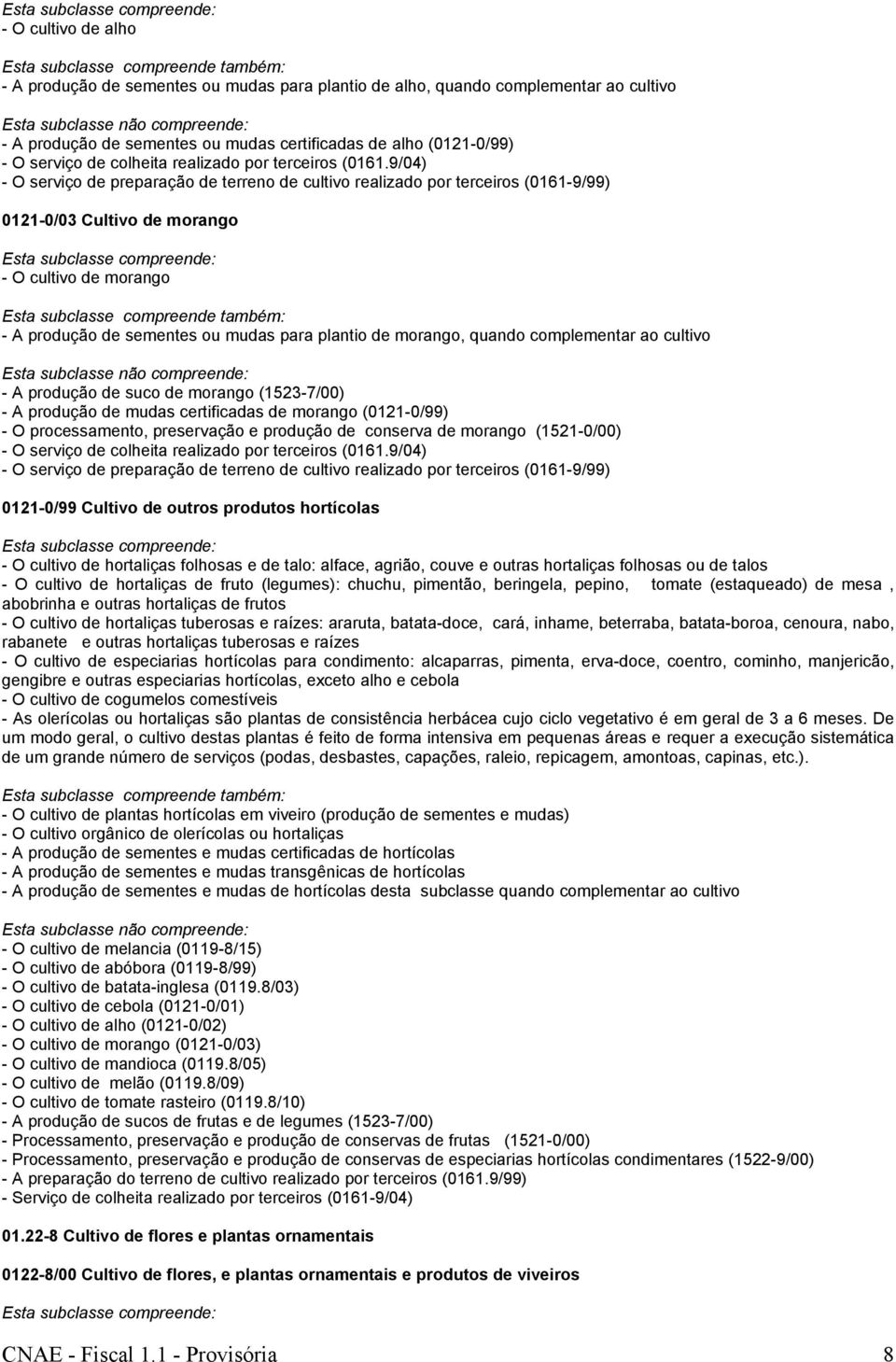 9/04) - O serviço de preparação de terreno de cultivo realizado por terceiros (0161-9/99) 0121-0/03 Cultivo de morango - O cultivo de morango - A produção de sementes ou mudas para plantio de