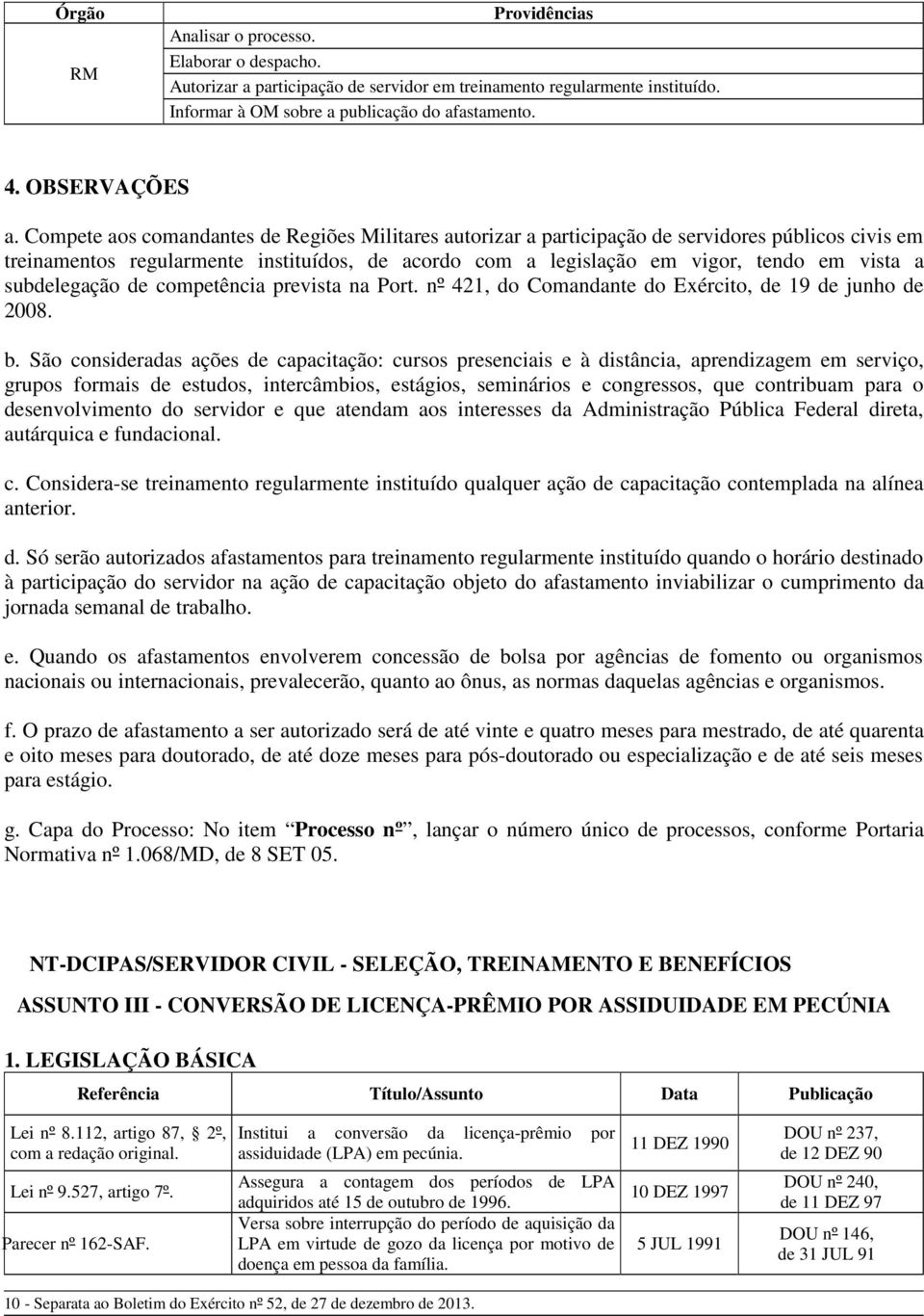 Compete aos comandantes de Regiões Militares autorizar a participação de servidores públicos civis em treinamentos regularmente instituídos, de acordo com a legislação em vigor, tendo em vista a