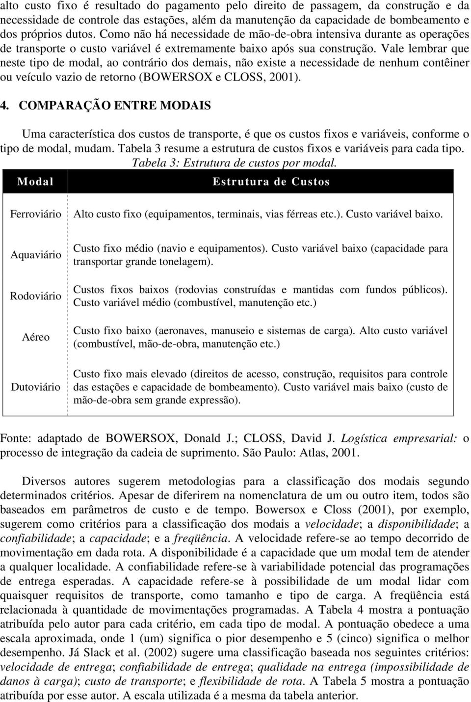 Vale lembrar que neste tipo de modal, ao contrário dos demais, não existe a necessidade de nenhum contêiner ou veículo vazio de retorno (BOWERSOX e CLOSS, 2001). 4.