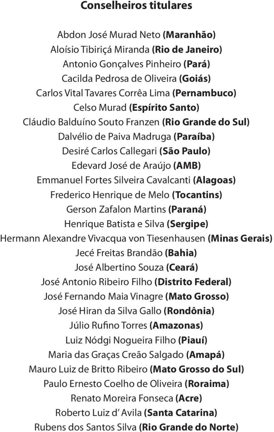 Emmanuel Fortes Silveira Cavalcanti (Alagoas) Frederico Henrique de Melo (Tocantins) Gerson Zafalon Martins (Paraná) Henrique Batista e Silva (Sergipe) Hermann Alexandre Vivacqua von Tiesenhausen