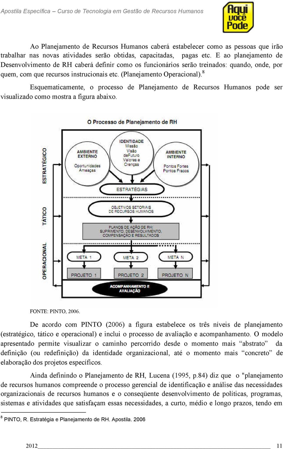 8 Esquematicamente, o processo de Planejamento de Recursos Humanos pode ser visualizado como mostra a figura abaixo. FONTE: PINTO, 2006.