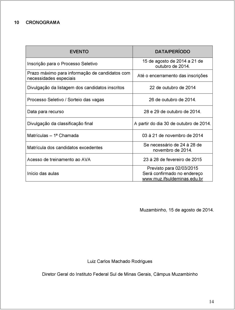 Data para recurso 28 e 29 de outubro de 2014. Divulgação da classificação final A partir do dia 30 de outubro de 2014.