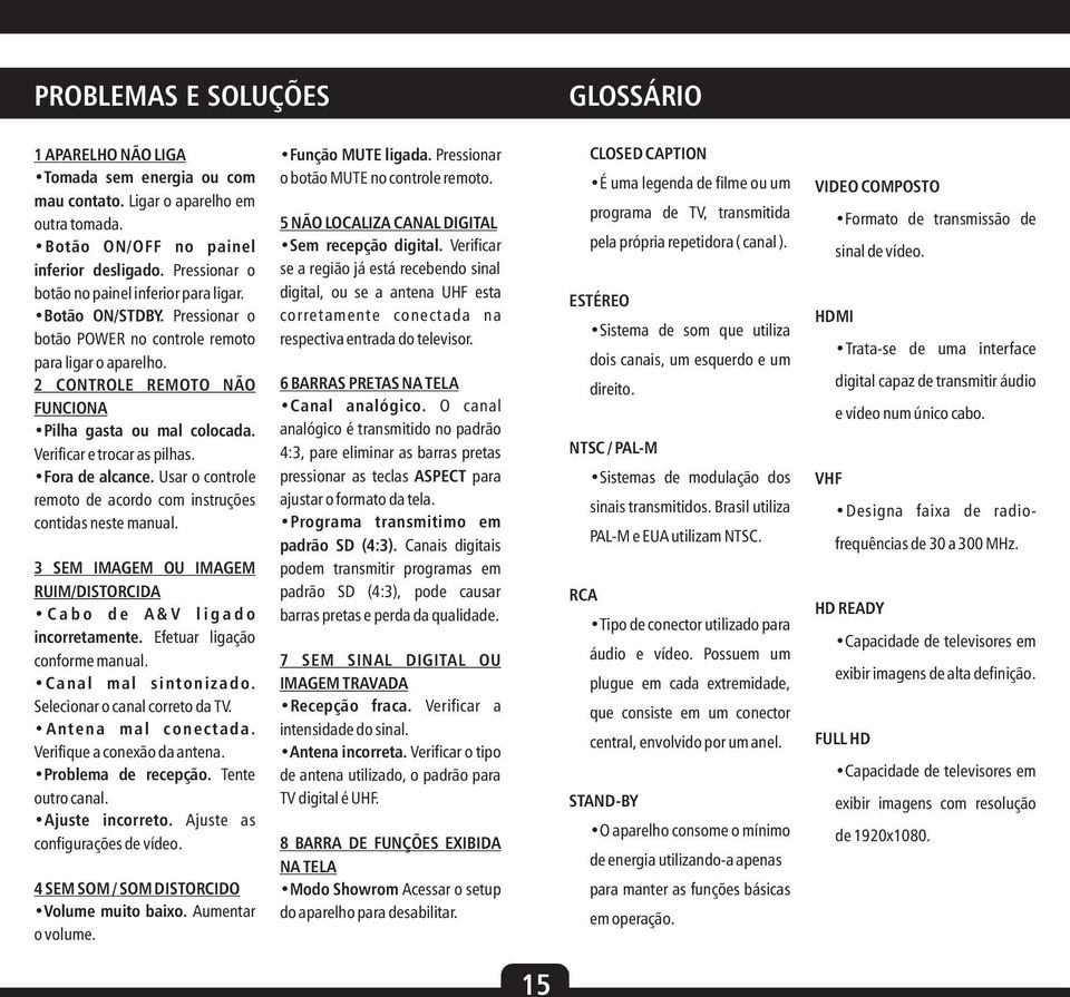 Verificar e trocar as pilhas. Fora de alcance. Usar o controle remoto de acordo com instruções contidas neste manual. SEM IMAGEM OU IMAGEM RUIM/DISTORCIDA C a b o d e A & V l i g a d o incorretamente.