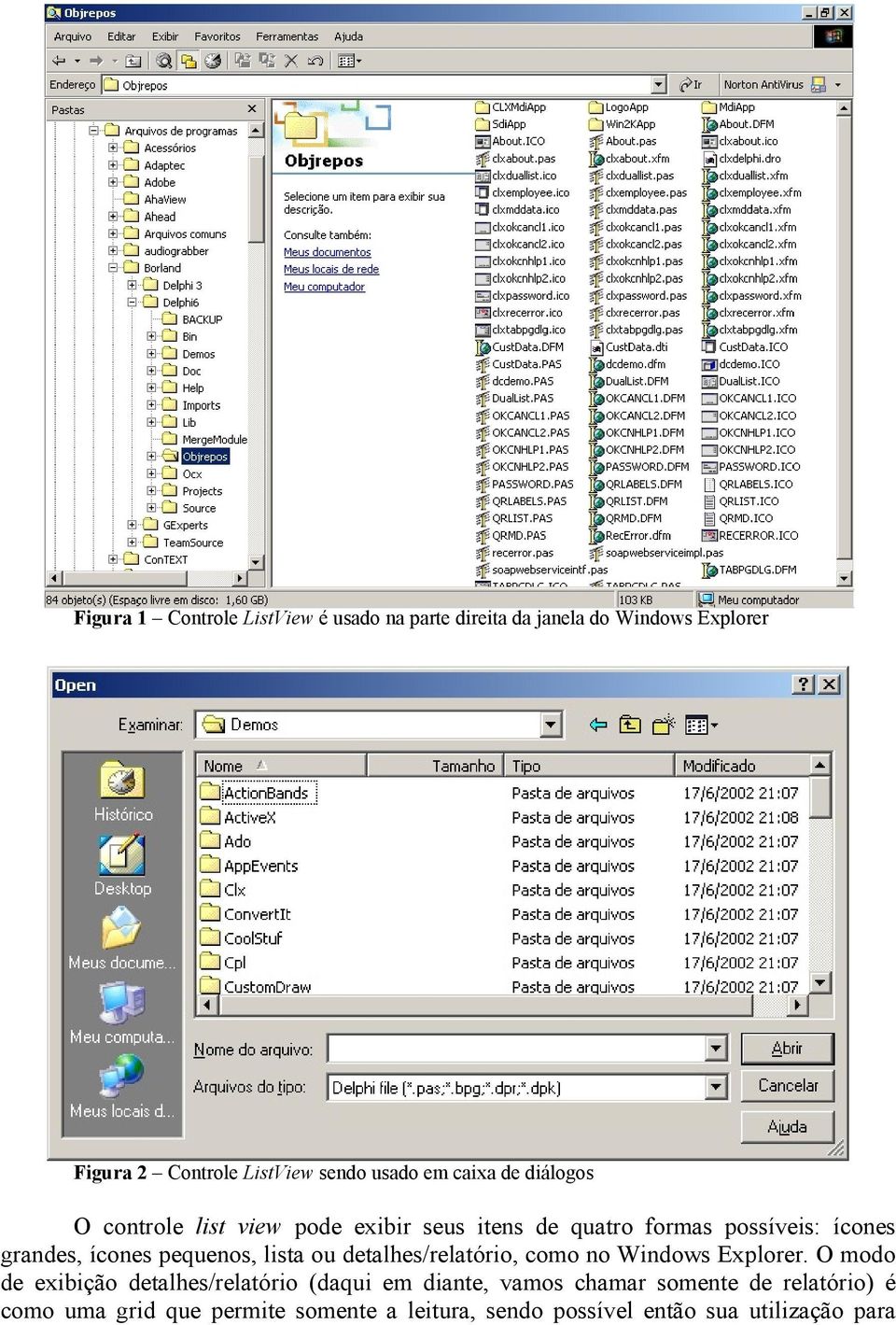 ícones pequenos, lista ou detalhes/relatório, como no Windows Explorer.