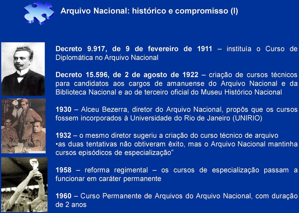 Alceu Bezerra, diretor do Arquivo Nacional, propôs que os cursos fossem incorporados à Universidade do Rio de Janeiro (UNIRIO) 1932 o mesmo diretor sugeriu a criação do curso técnico de arquivo as