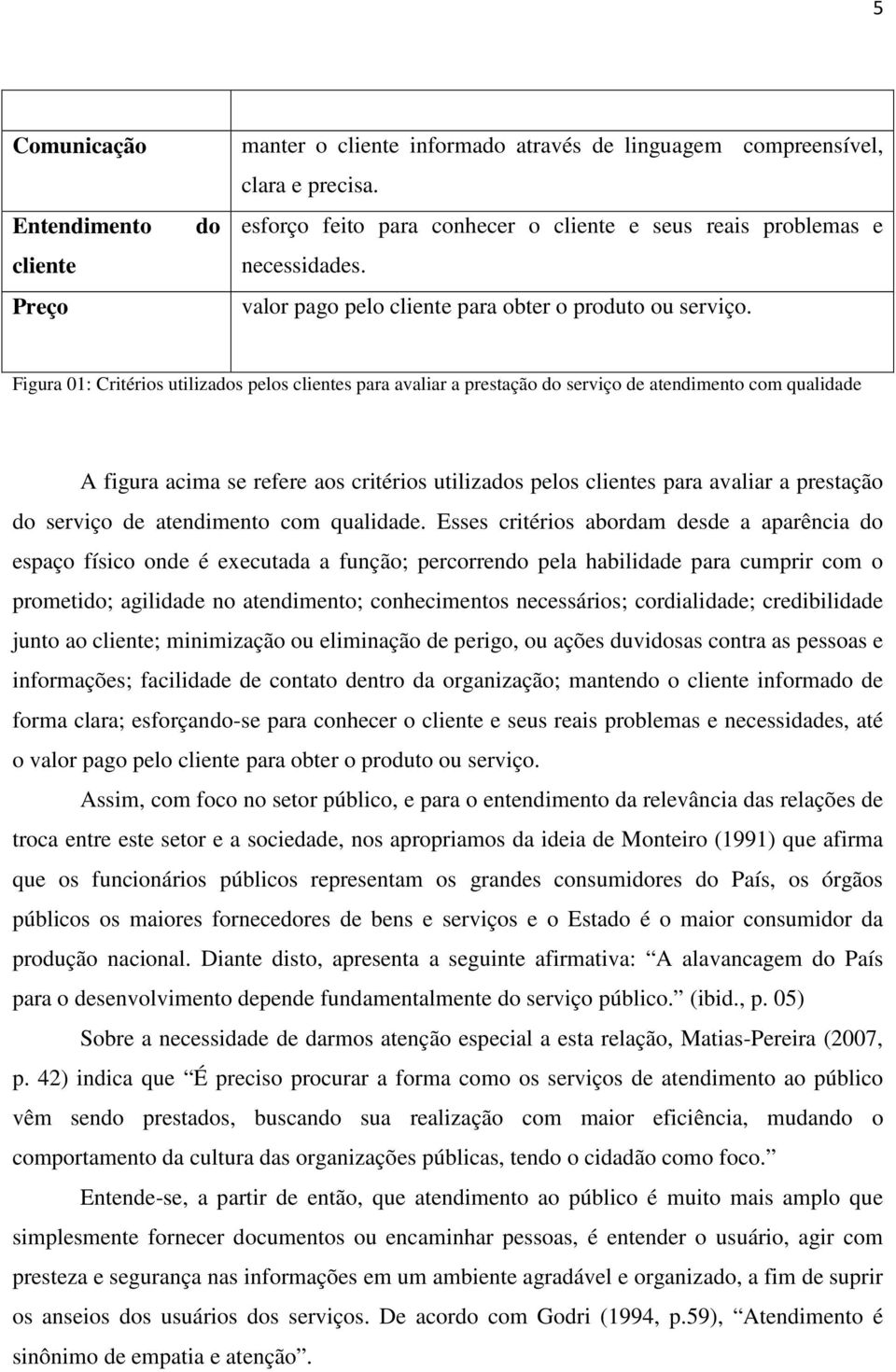 Figura 01: Critérios utilizados pelos clientes para avaliar a prestação do serviço de atendimento com qualidade A figura acima se refere aos critérios utilizados pelos clientes para avaliar a