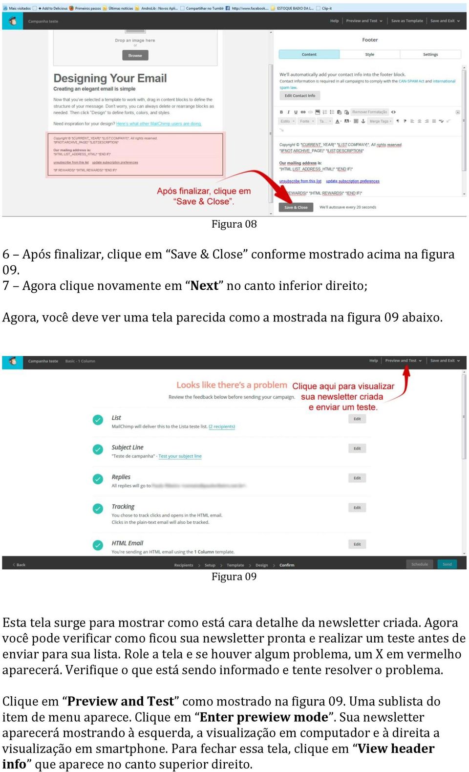 Figura 09 Esta tela surge para mostrar como está cara detalhe da newsletter criada. Agora você pode verificar como ficou sua newsletter pronta e realizar um teste antes de enviar para sua lista.