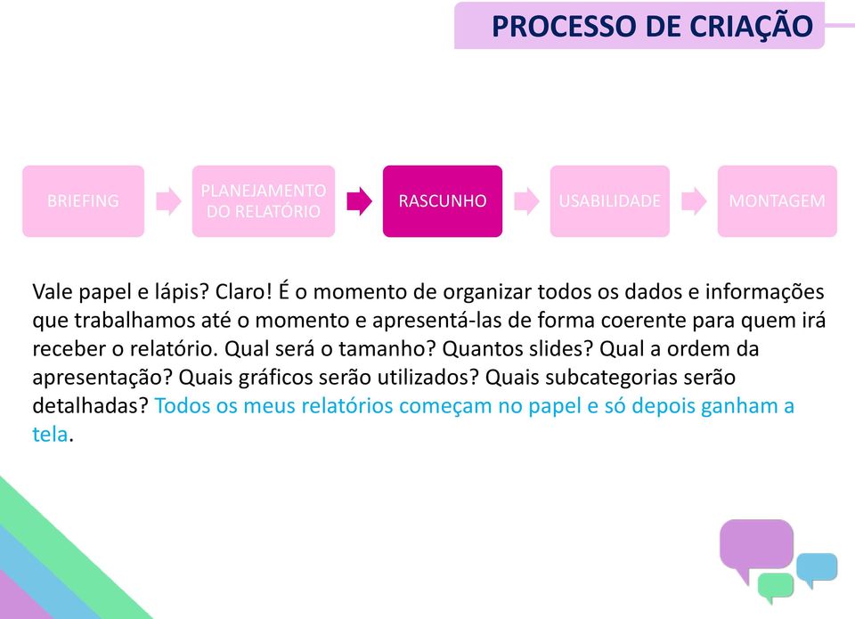 para quem irá receber o relatório. Qual será o tamanho? Quantos slides? Qual a ordem da apresentação?