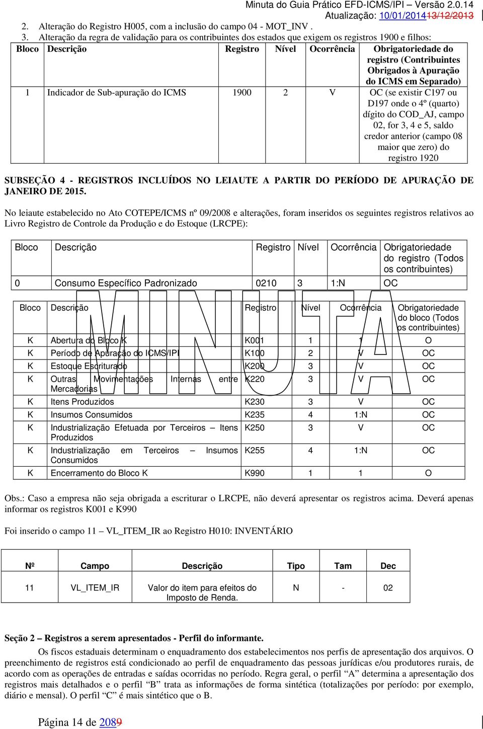 à Apuração do ICMS em Separado) 1 Indicador de Sub-apuração do ICMS 1900 2 V OC (se existir C197 ou D197 onde o 4º (quarto) dígito do COD_AJ, campo 02, for 3, 4 e 5, saldo credor anterior (campo 08