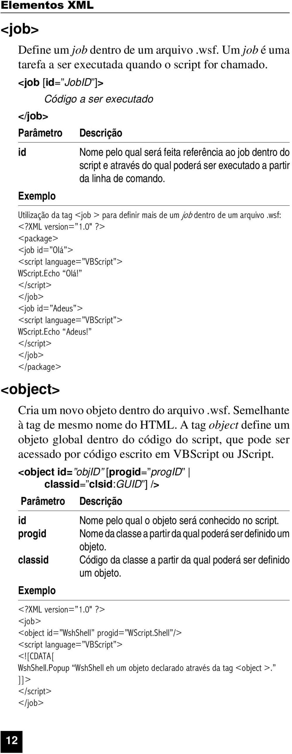 comando. Utilização da tag <job > para definir mais de um job dentro de um arquivo.wsf: <?XML version= 1.0"?> <package> <job id= Olá > <script language= VBScript > WScript.Echo Olá!