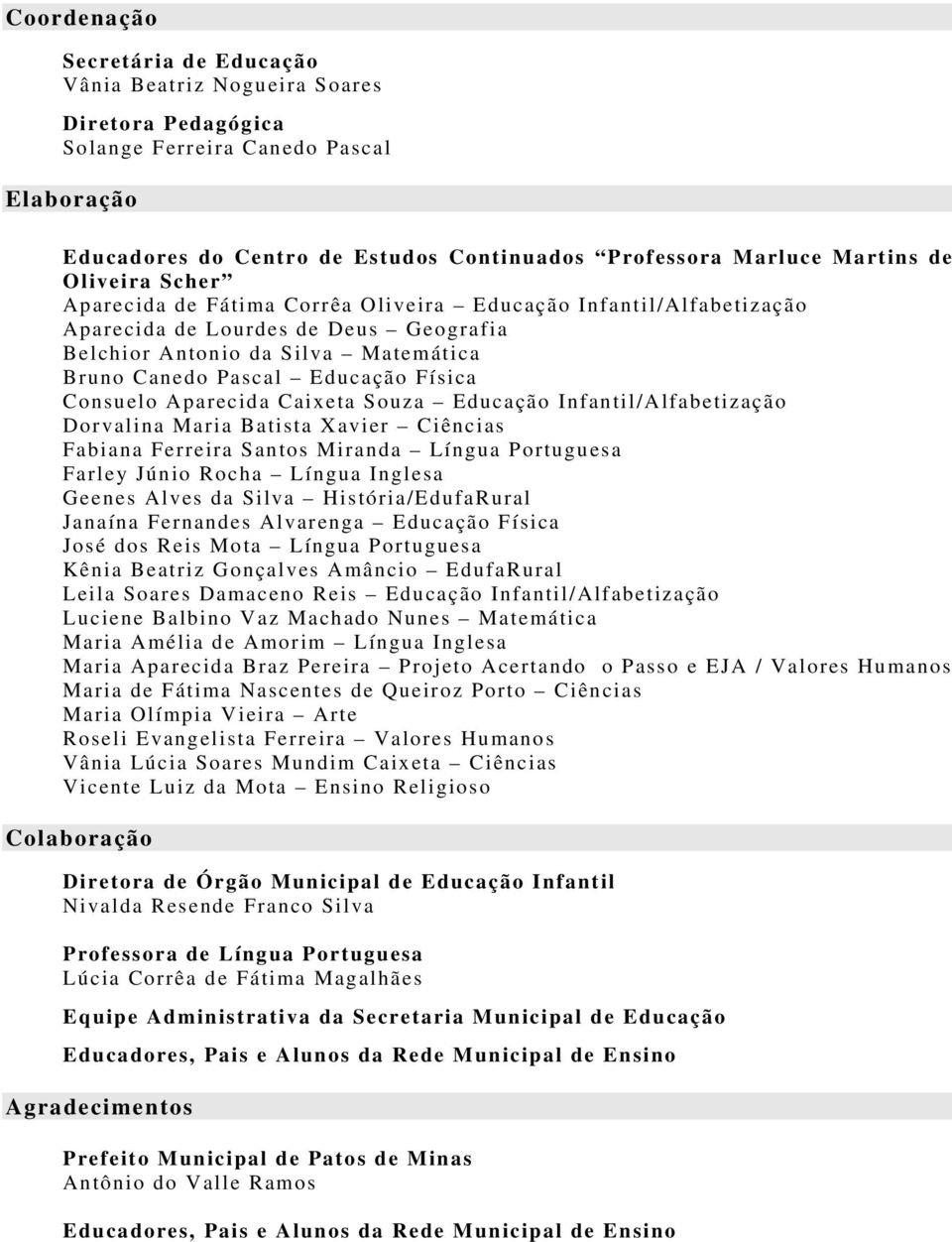 Consuelo Aparecida Caixeta Souza Educação Infantil/Alfabetização Dorvalina Maria Batista Xavier Ciências Fabiana Ferreira Santos Miranda Língua Portuguesa Farley Júnio Rocha Língua Inglesa Geenes