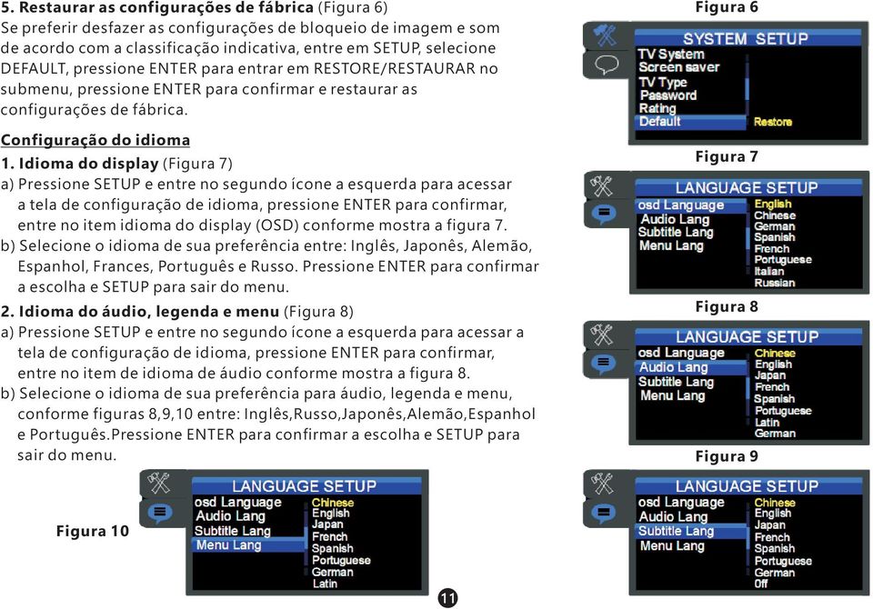 Idioma do display (Figura 7) a) Pressione SETUP e entre no segundo ícone a esquerda para acessar a tela de configuração de idioma, pressione ENTER para confirmar, entre no item idioma do display