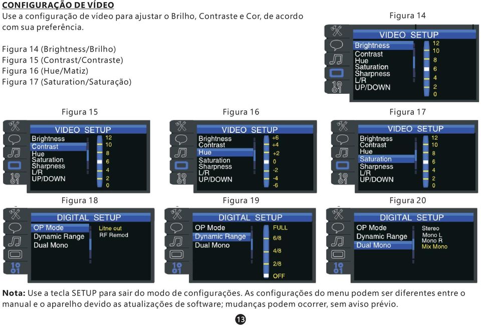 Figura 15 Figura 16 Figura 17 Figura 18 Figura 19 Figura 20 Nota: Use a tecla SETUP para sair do modo de configurações.