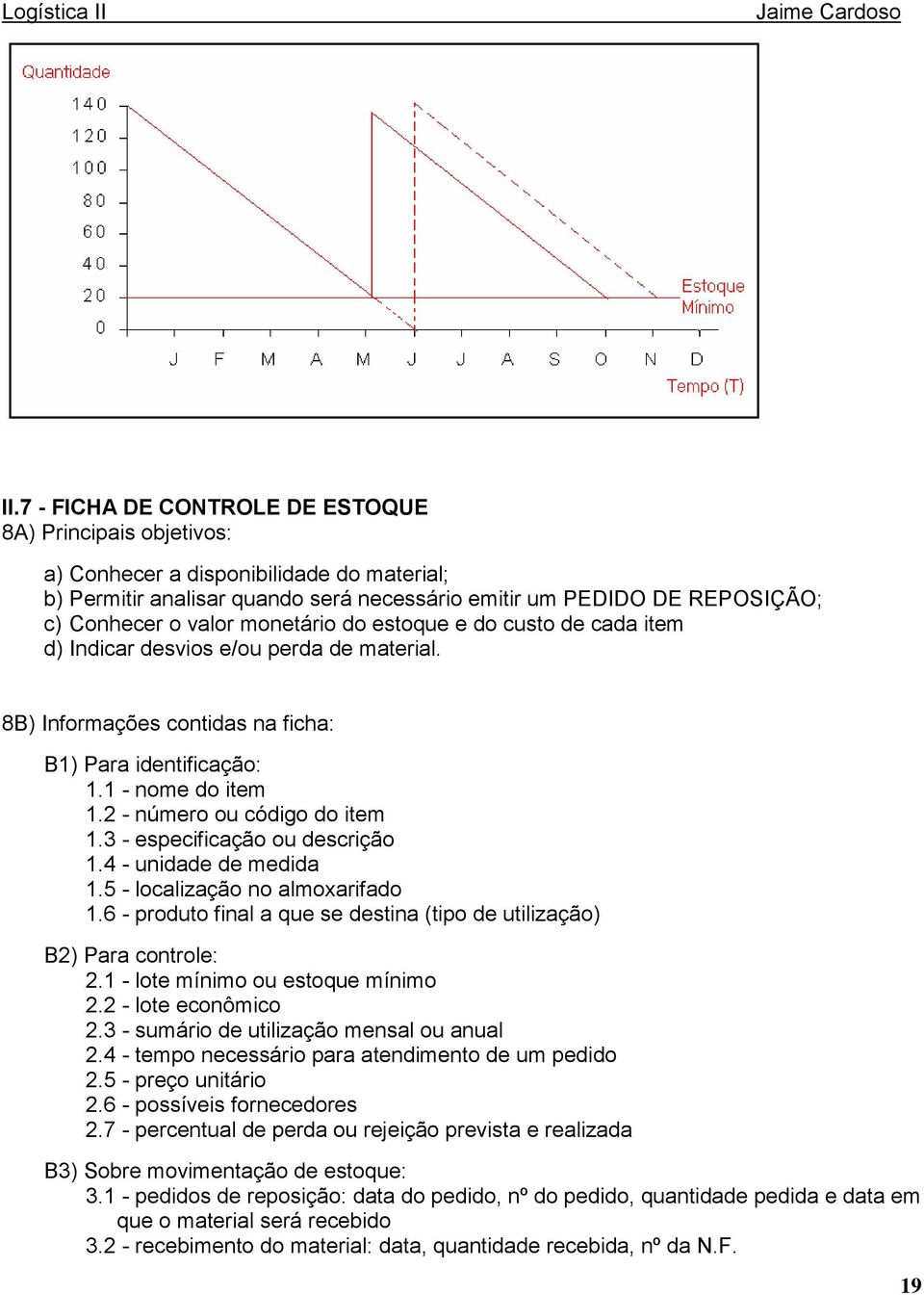 3 - especificação ou descrição 1.4 - unidade de medida 1.5 - localização no almoxarifado 1.6 - produto final a que se destina (tipo de utilização) B2) Para controle: 2.