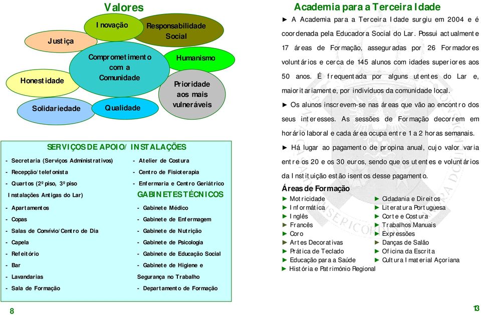 Possui actualmente 17 áreas de Formação, asseguradas por 26 Formadores voluntários e cerca de 145 alunos com idades superiores aos 50 anos.