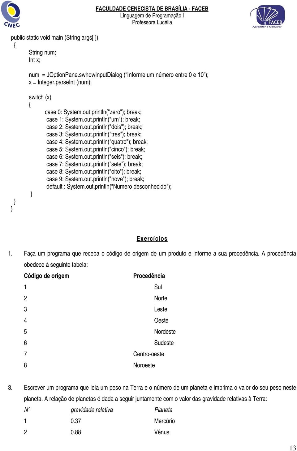 out.println("quatro"); break; case 5: System.out.println("cinco"); break; case 6: System.out.println("seis"); break; case 7: System.out.println("sete"); break; case 8: System.out.println("oito"); break; case 9: System.