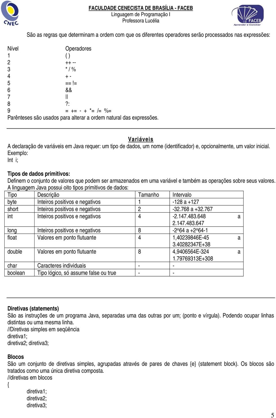 Variáveis A declaração de variáveis em Java requer: um tipo de dados, um nome (identificador) e, opcionalmente, um valor inicial.