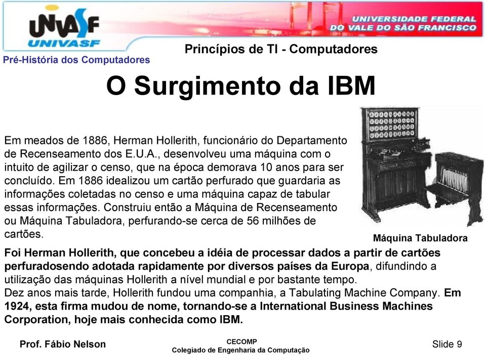 Em 1886 idealizou um cartão perfurado que guardaria as informações coletadas no censo e uma máquina capaz de tabular essas informações.