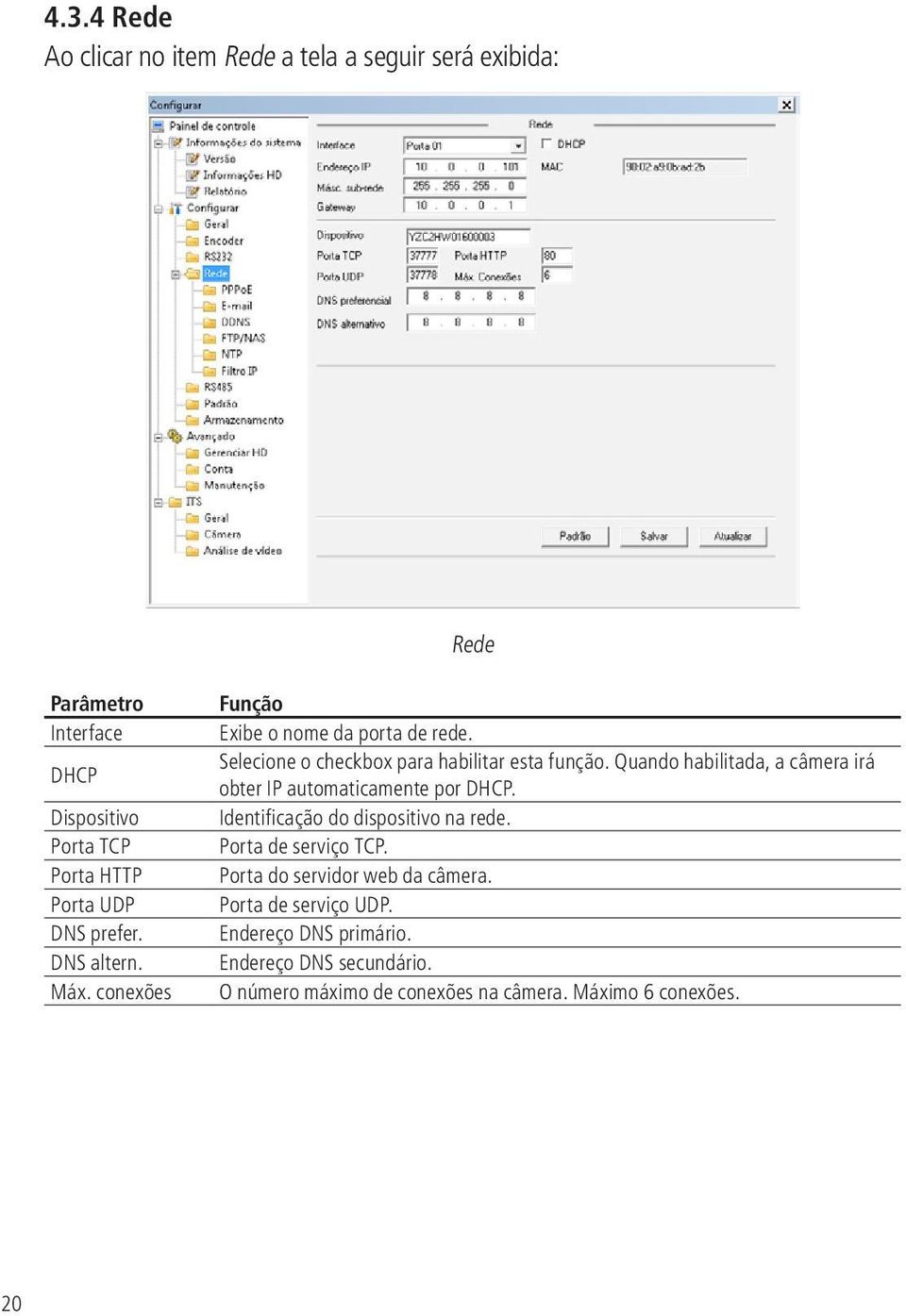 Quando habilitada, a câmera irá obter IP automaticamente por DHCP. Identificação do dispositivo na rede. Porta de serviço TCP.