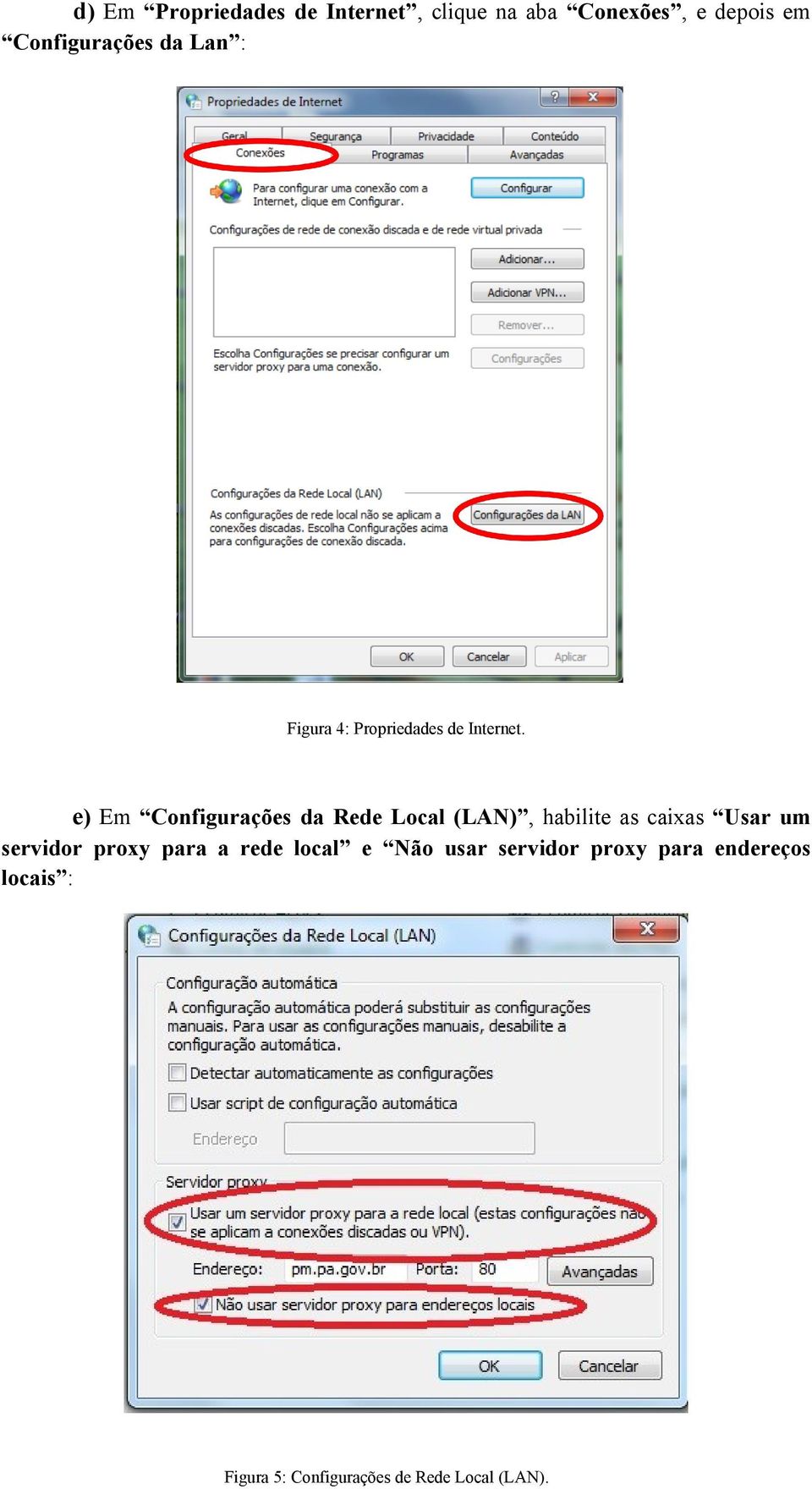 e) Em Configurações da Rede Local (LAN), habilite as caixas Usar um servidor